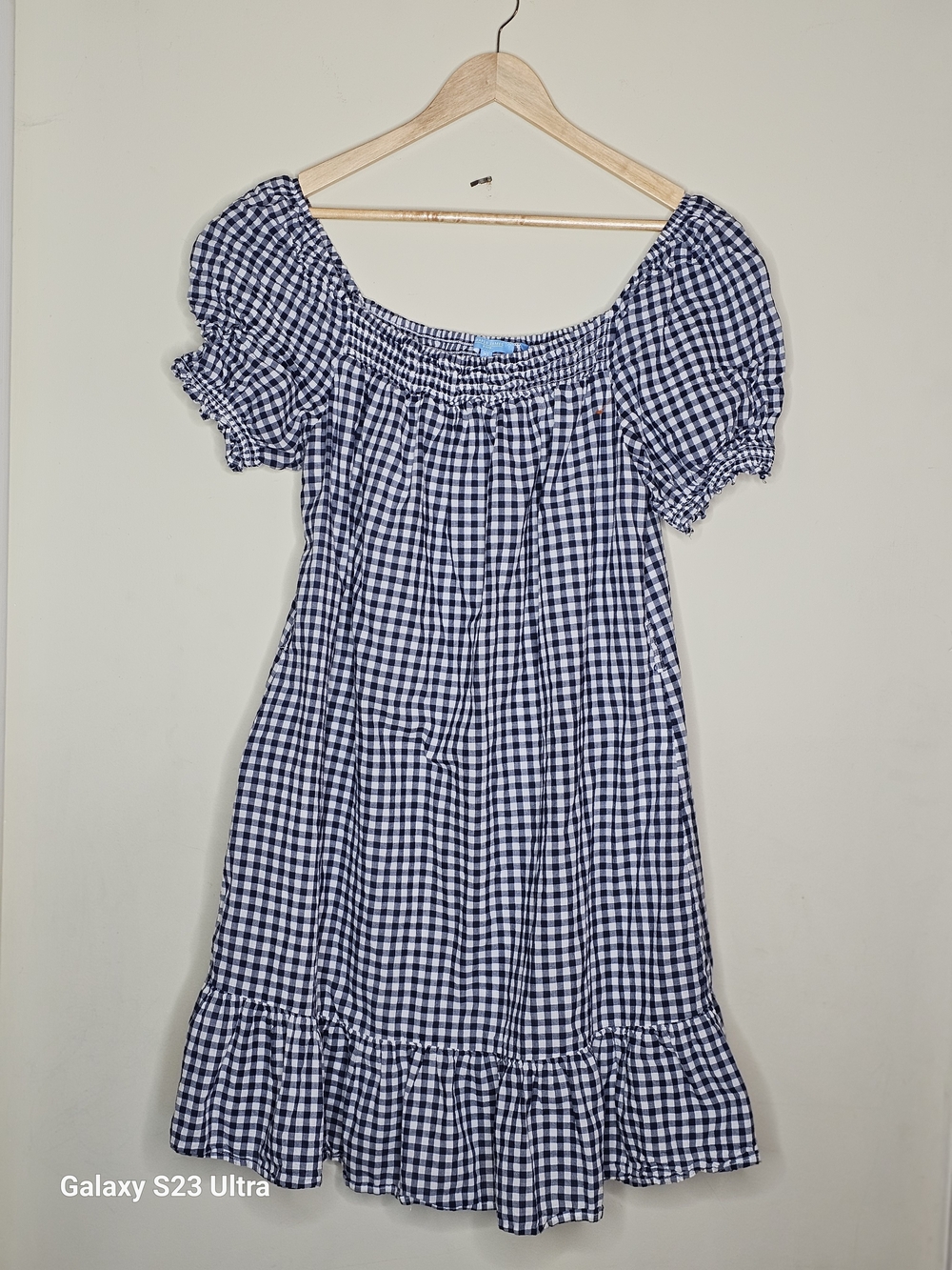 Draper James Navy and White Gingham Puff-Sleeve Dress